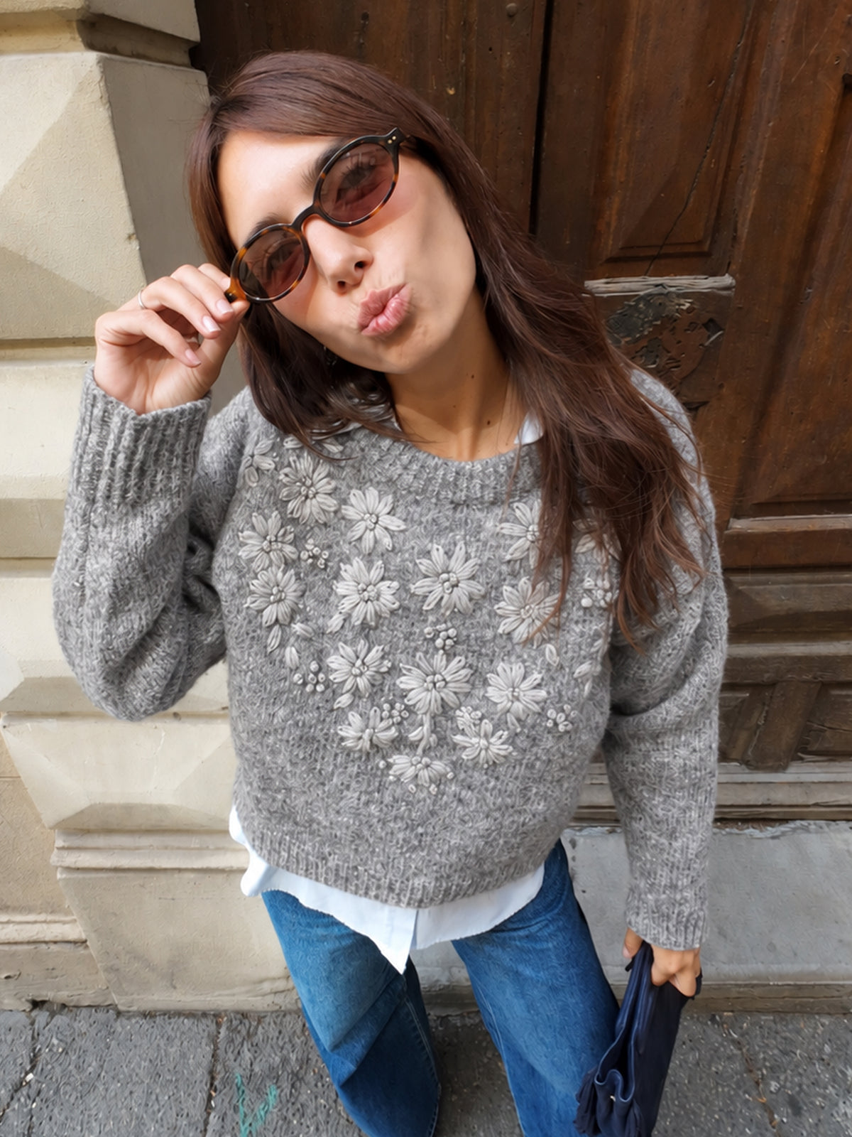 Pull brodé Sonia — Gris